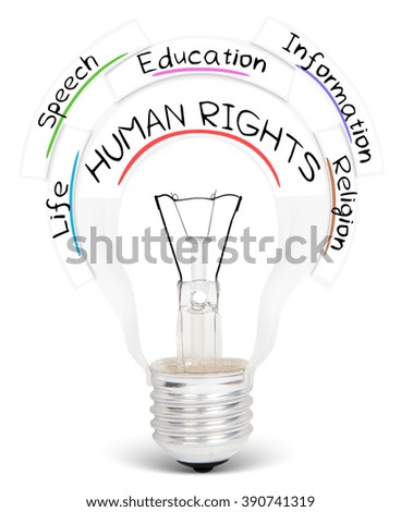 Photo of light bulb with HUMAN RIGHTS conceptual words isolated on white