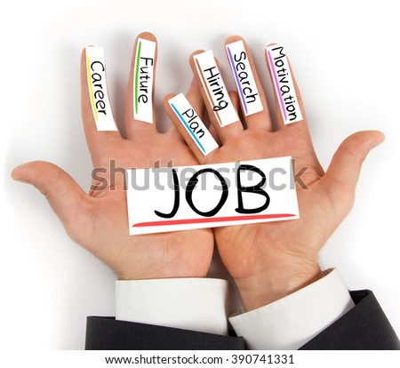 Photo of hands holding paper cards with JOB concept words