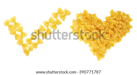 Yes tick sign symbol mark and heart shape made of dry farfalle yellow pasta over isolated white background