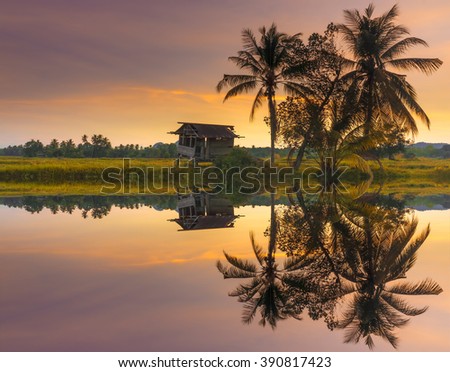 Scenery of paddy field with an old abandoned house in the middle of paddy field and colourful sunset sky with full reflection. Soft focus and motion blur due to long exposure.
