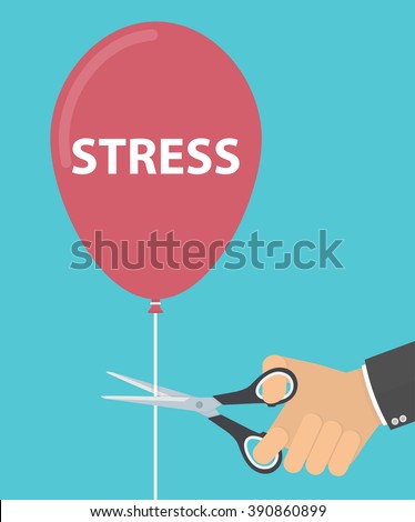 Stress relief concept. Hand cutting balloon string with scissors. Flat style