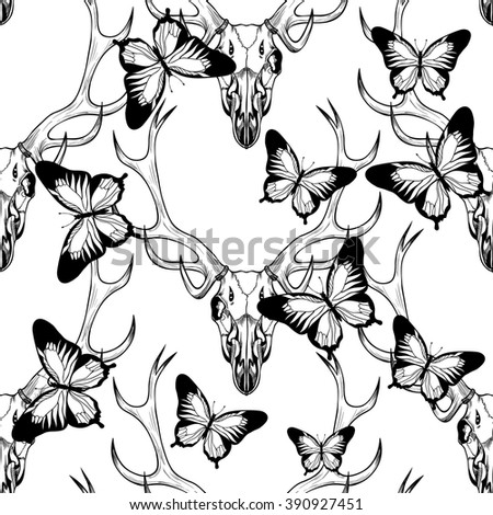 Black and white beer skull and  butterfly.  Vector seamless pattern