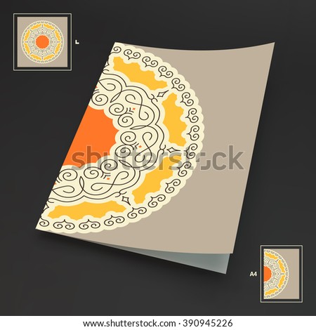 Textbook, Booklet or Notebook Mockup. Ethnic Circle Element. Orient Traditional Design. Lace Pattern. Mandala Round Ornament. Vector Fashion Illustration.
