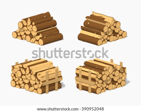 Firewood stacked in piles. 3D lowpoly isometric vector illustration. The set of objects isolated against the white background and shown from different sides Royalty-Free Stock Photo #390952048