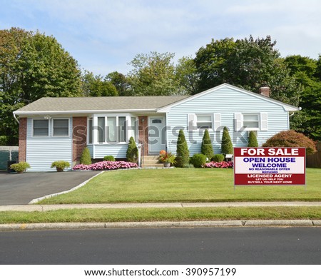 Real estate for sale open house (another success let us help you buy sell your 
next home)  welcome sign Beautiful Landscaped Suburban Ranch Style Home Residential Neighborhood USA