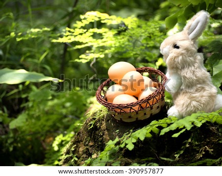 Happy easter day,rabbit with basket of eggs on forest  background