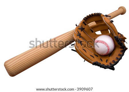 Baseball bat, ball and glove isolated over white Royalty-Free Stock Photo #3909607
