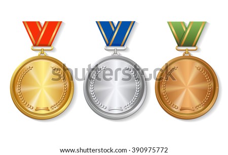 Set of gold, silver and bronze Award medals on white  Royalty-Free Stock Photo #390975772
