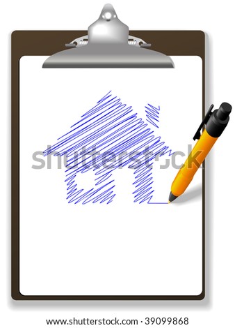An orange ball point pen drawing plan or sketch of a house in blue ink on white copy space of a page of paper on a  clipboard.