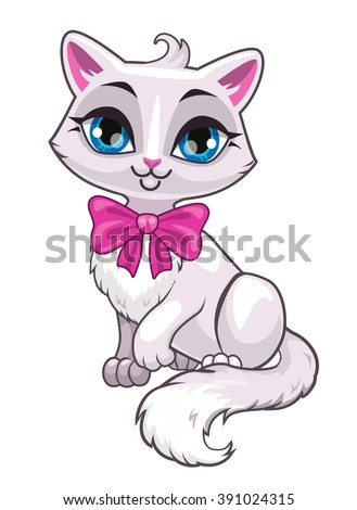 Cute cartoon little white cat girl with big pink bow, beautiful girlish illustration, isolated on white background