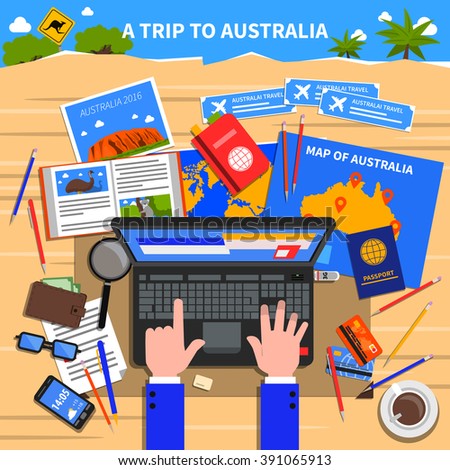 Trip to Australia concept with planning and calculating expenses symbols flat vector illustration 