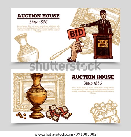 Auction house horizontal banners with manager and rare vase on auction theme background sketch doodle vector illustration
