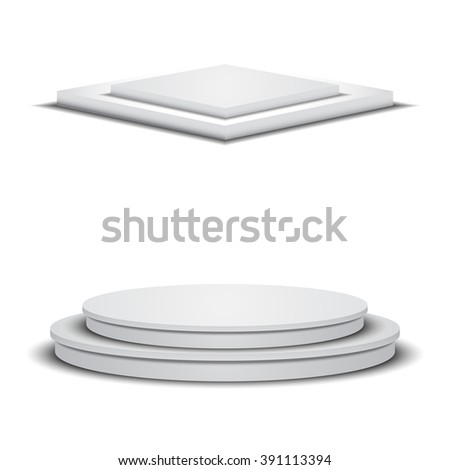Two empty white stages. Square and round empty podiums. Square and round platforms. Vector illustration. Royalty-Free Stock Photo #391113394