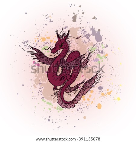 Magic fly dragon on abstract ink background. Hand drawn vector. Chinese dragon background for t-shirt, design of textile, wallpaper, fantazy background for packaging