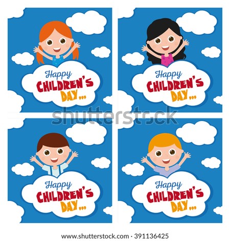 Set of children on blue backgrounds with text and clouds