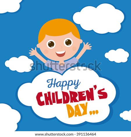 Isolated boy on a blue background with text and clouds