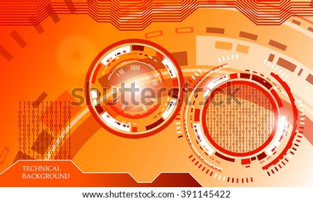 Vector background abstract technology communication concept. Vector illustration white gear wheel on circuit board, Hi-tech digital technology and engineering. Orange background.
