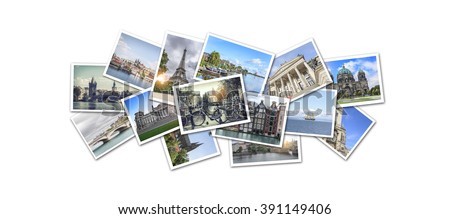 Postcard collage from Europe. Prague, Amsterdam, Paris, Berlin. The main attractions. Royalty-Free Stock Photo #391149406