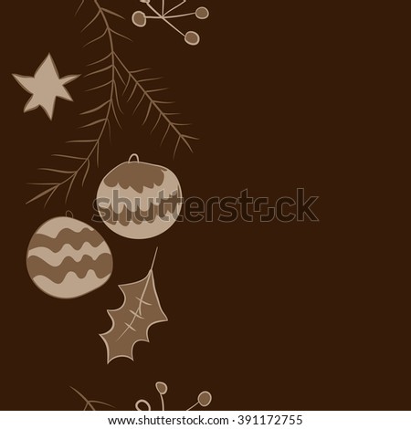 Twigs with Christmas decorations , doodles, hole, balls, star, spots,leaves,spruce, vertical seamless pattern, copy space. Hand drawn.