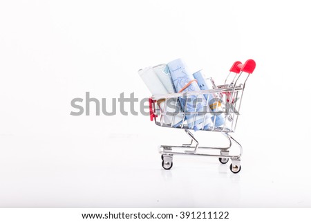 shopping trolley bring money with white background
