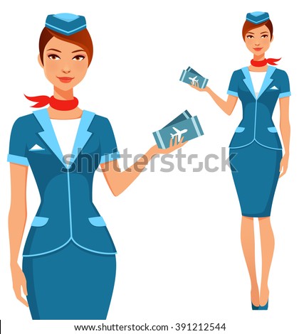 cute cartoon stewardess holding airplane tickets. Beautiful air hostess in blue uniform. Isolated on white. Royalty-Free Stock Photo #391212544