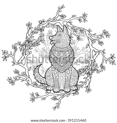 Dog wearing bandana with high details. Adult antistress or children coloring page. Hand drawn animal doodle. Sketch for tattoo, poster, print, t-shirt in zentangle style. Vector illustration