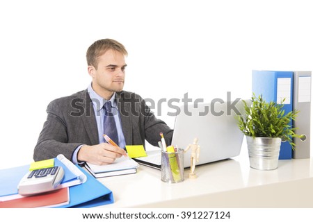 young attractive businessman working busy with laptop computer at office desk smiling and looking satisfied in business project success concept isolated on white background