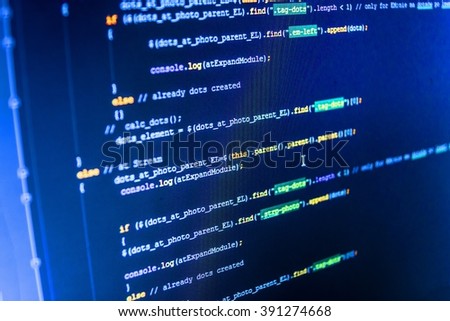 Writing program code on computer. Website programming code. Developer working on websites codes in office. Programming code on computer screen. Programming code. Programmer occupation. 
