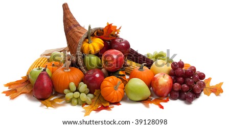 A Fall arrangement in a cornucopia on a white background Royalty-Free Stock Photo #39128098