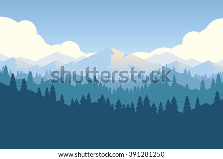 Vector mountains and forest landscape early in a daylight. Beautiful geometric illustration.