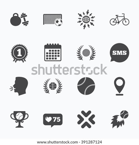 Calendar, go to web and like counter. Sport games, fitness icons. Football, basketball and tennis signs. Golf, bike and winner medal symbols. Sms speech bubble, talk symbols.