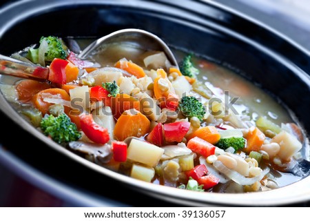 Vegetable soup, slow-cooked in a crock pot, ready to serve. Royalty-Free Stock Photo #39136057