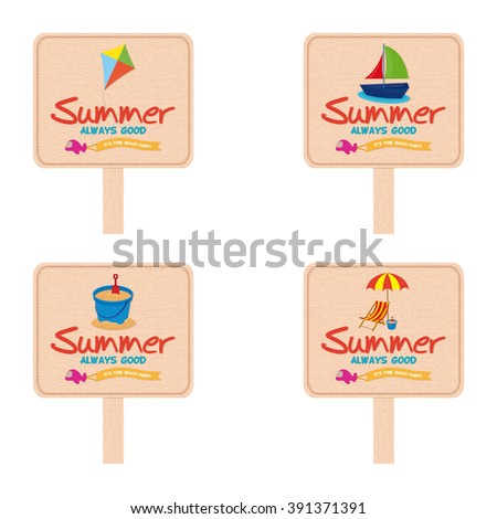 Set of wooden signs with different summer objects and text on a white background