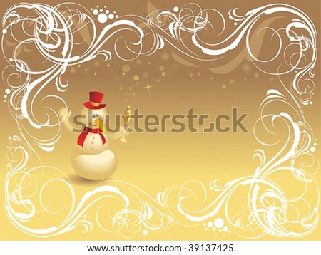 Christmas background with ornate border and snowman. Vector illustration.