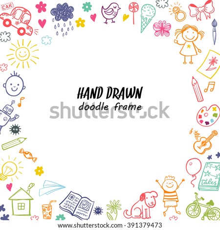 Hand drawn doodle children drawing round frame Royalty-Free Stock Photo #391379473