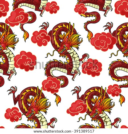 Red Chinese Dragon and Red Clouds on a white background. Vector seamless pattern