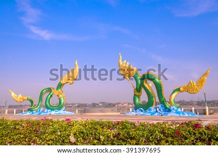 Thai dragon, King of Naga statue in Nong Khai Landmark, Thailand.