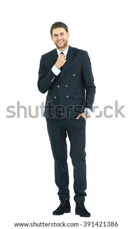 Full body portrait of young happy smiling cheerful business man