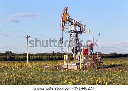 industrial landscape oil pumps in a field on a summer day