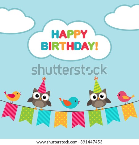 Happy birthday vector card with birds and owls sitting on bunting