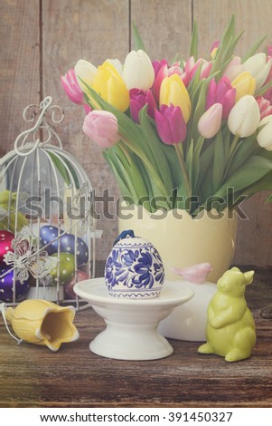 Spring tulips with easter egg and bunny, retro toned