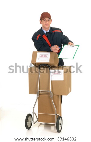 handsome postman making a delivery, post package. Studio, white background.