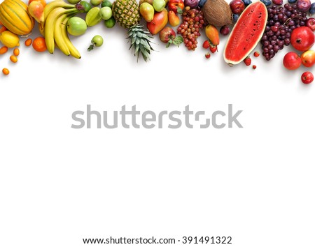 Organic fruits background. Food photography different fruits isolated white background. Copy space. High resolution product