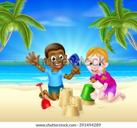 Black boy and white girl friends playing on the beach in the sand with a bucket and spade