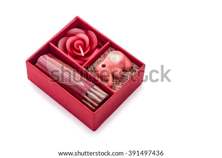 Beautiful red keepsake gift boxes and card isolated on white background. Close up, Horizontal image.