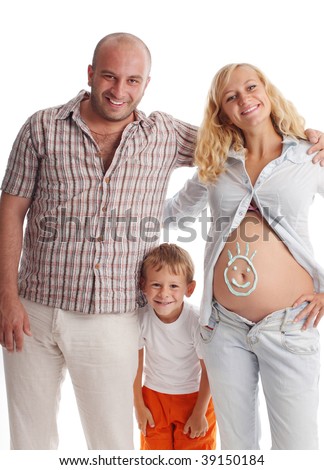 Father, son and pregnant mother. Isolated on white
