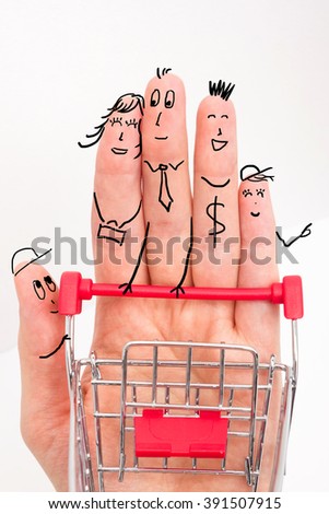 Funny fingers shopping at supermarket with red cart trolley on white background