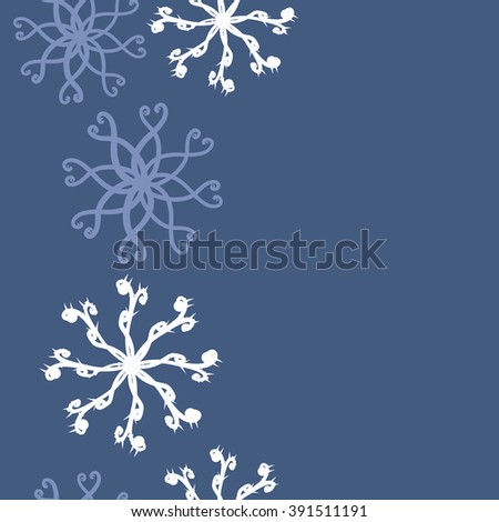 Vertical pattern of snowflakes , doodles, hole, ellipses, seamless , copy space. Hand drawn.