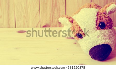 Doll dog on wooden background,concept  vintage.
