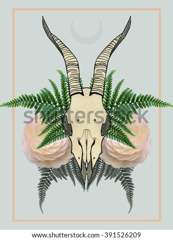 Template unusual illustration collage with a ram skull, fern, flowers and crescent moon